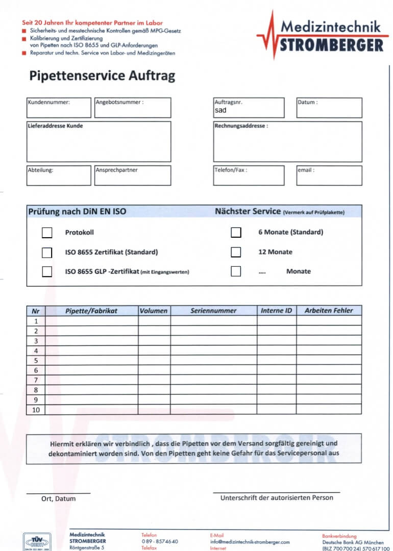 Auftragsschein Pippetten-Service